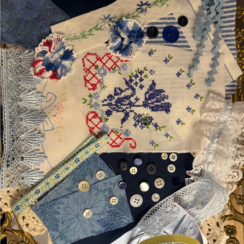 Hand Slow Stitch Blue 50+ Upcycled Fabric Lace Button Junk Journal Kit VTG